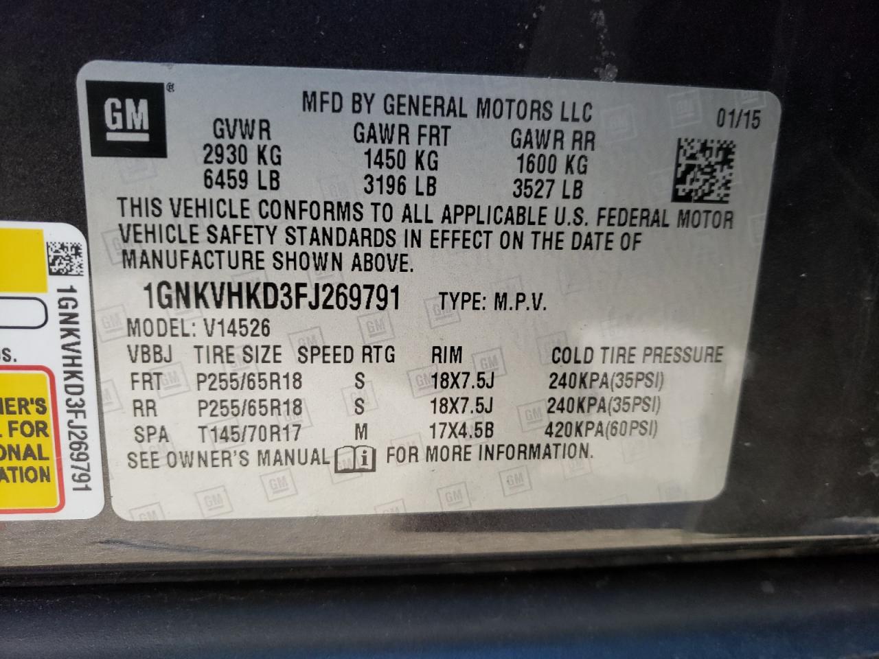 Photo 10 from auction – 2015 CHEVROLET TRAVERSE L with VIN 1GNKVHKD3FJ269791