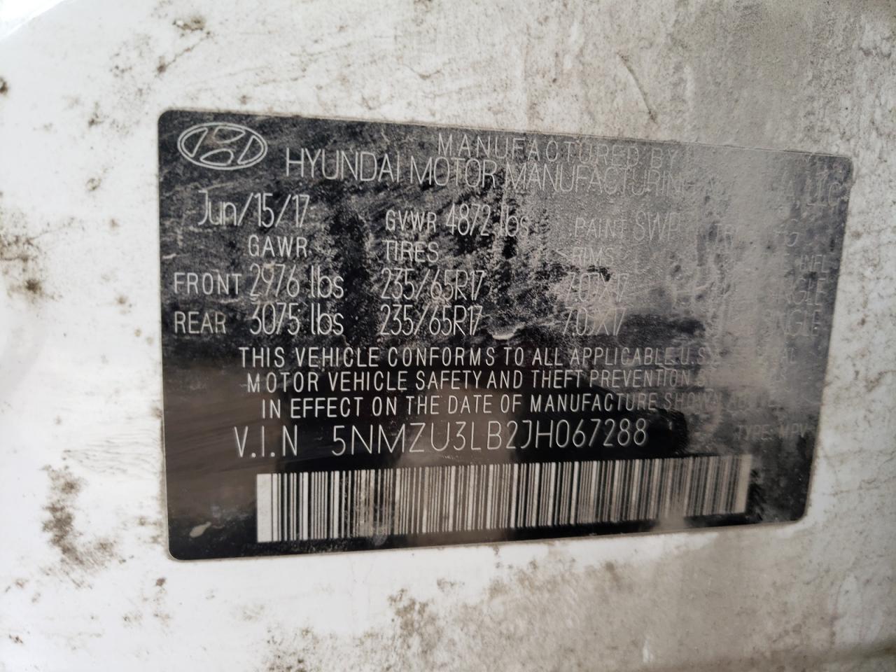 Photo 10 from auction – 2018 HYUNDAI SANTA FE S with VIN 5NMZU3LB2JH067288