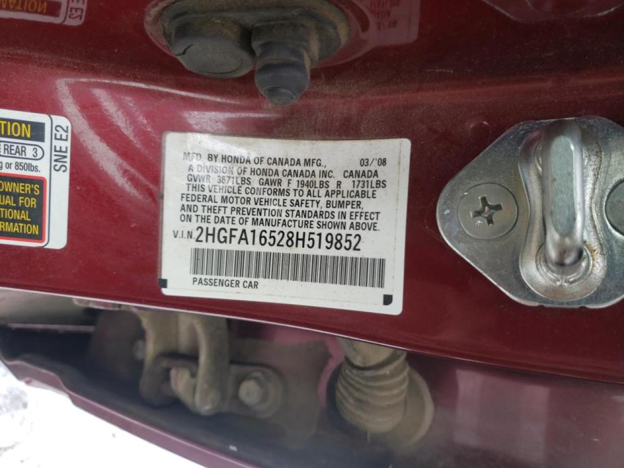 Photo 10 from auction – 2008 HONDA CIVIC LX with VIN 2HGFA16528H519852