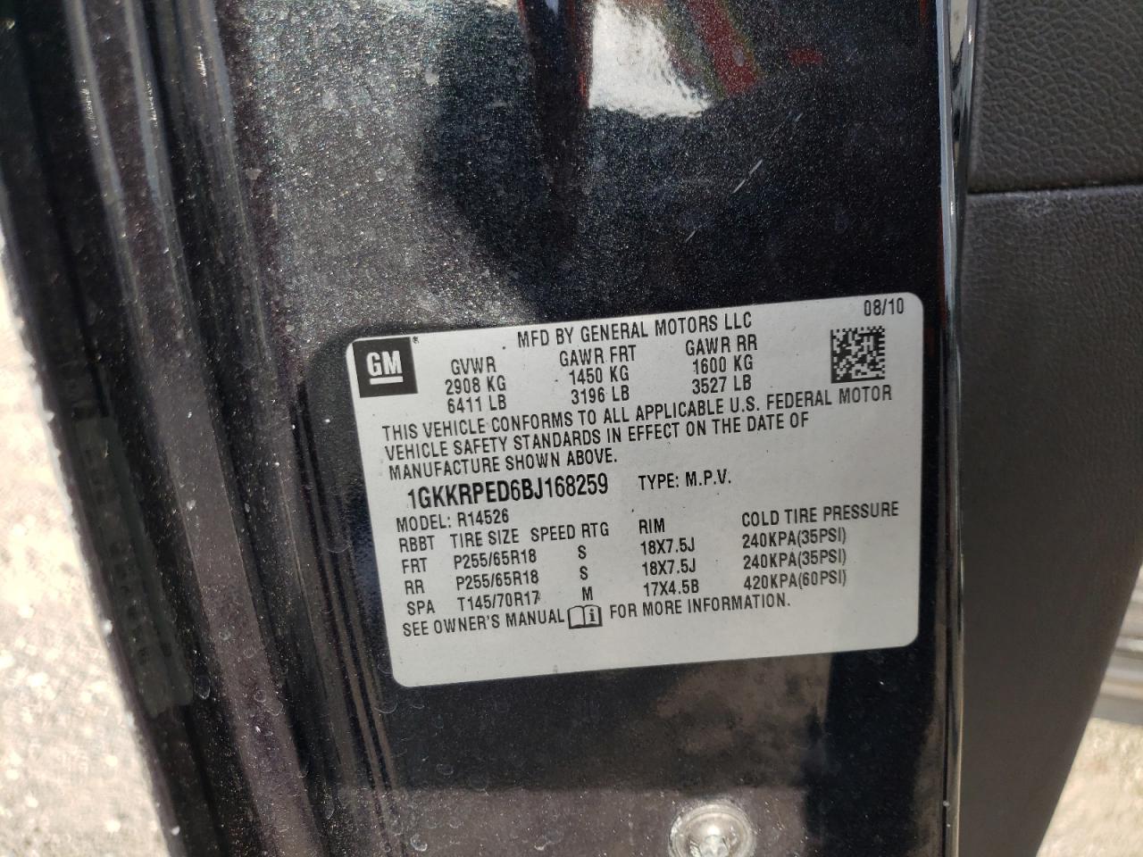 Photo 10 from auction – 2011 GMC ACADIA SLE with VIN 1GKKRPED6BJ168259