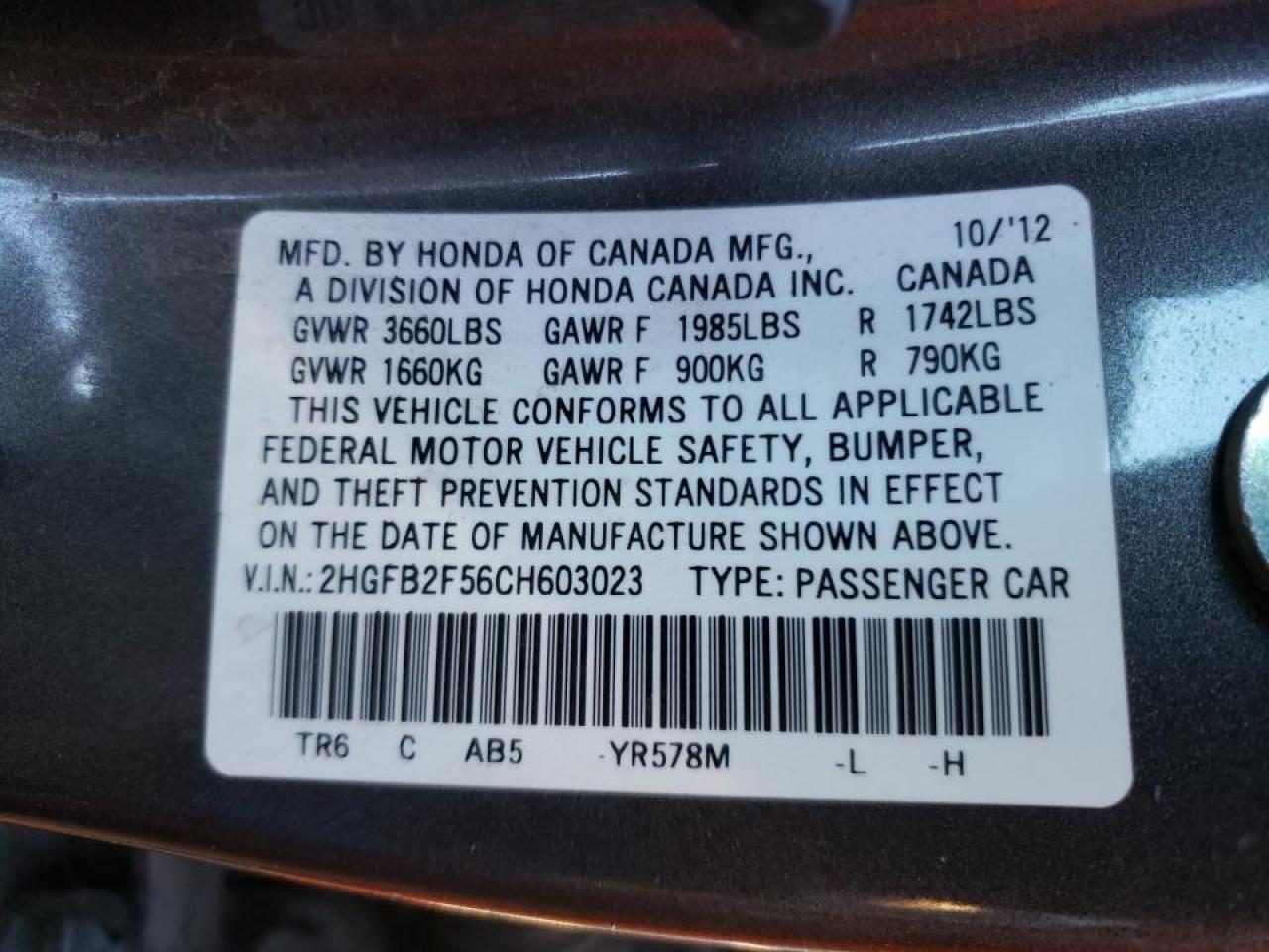 Photo 10 from auction – 2012 HONDA CIVIC LX with VIN 2HGFB2F56CH603023