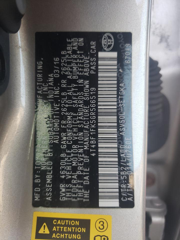 Photo 10 from auction – 2016 TOYOTA CAMRY LE with VIN 4T4BF1FK5GR566519