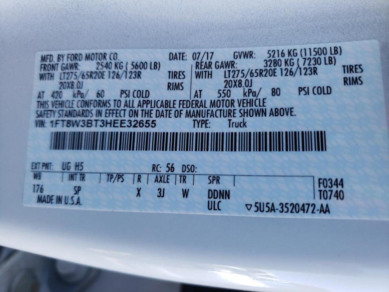 Photo 10 from auction – 2017 FORD F350 SUPER with VIN 1FT8W3BT3HEE32655