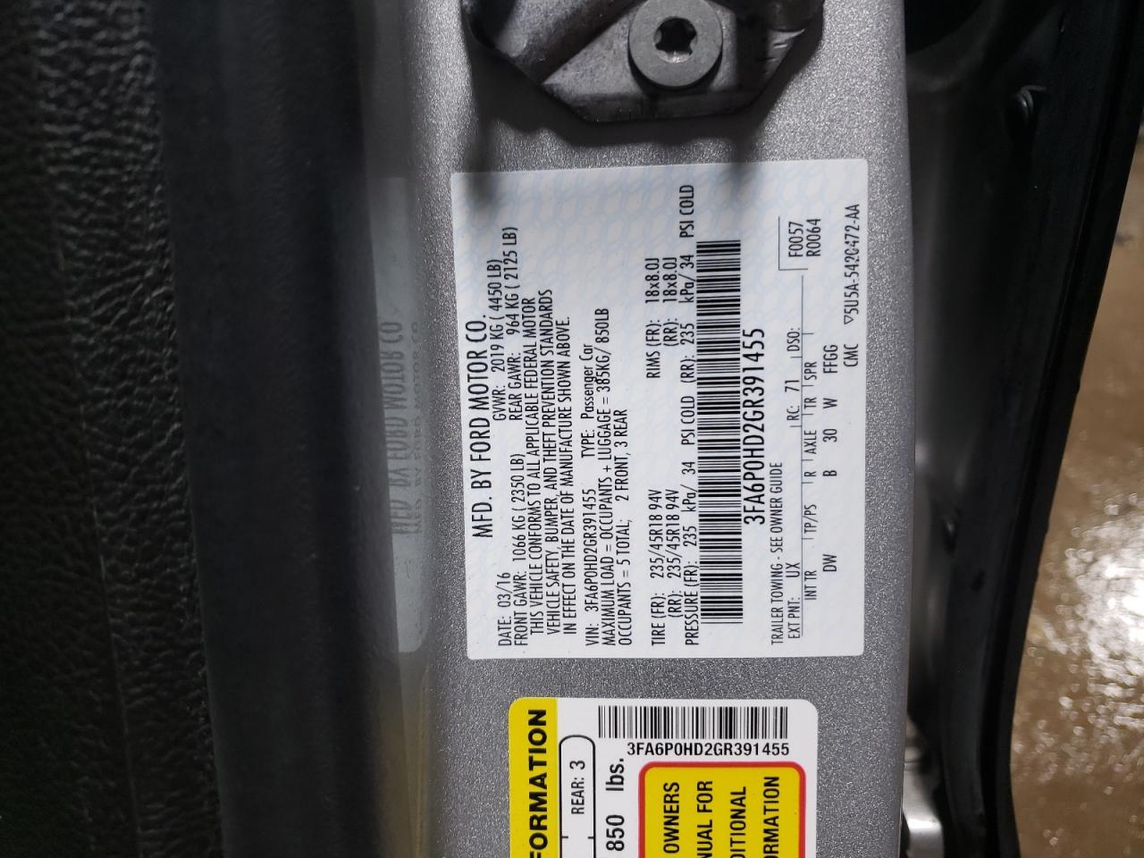 Photo 10 from auction – 2016 FORD FUSION SE with VIN 3FA6P0HD2GR391455