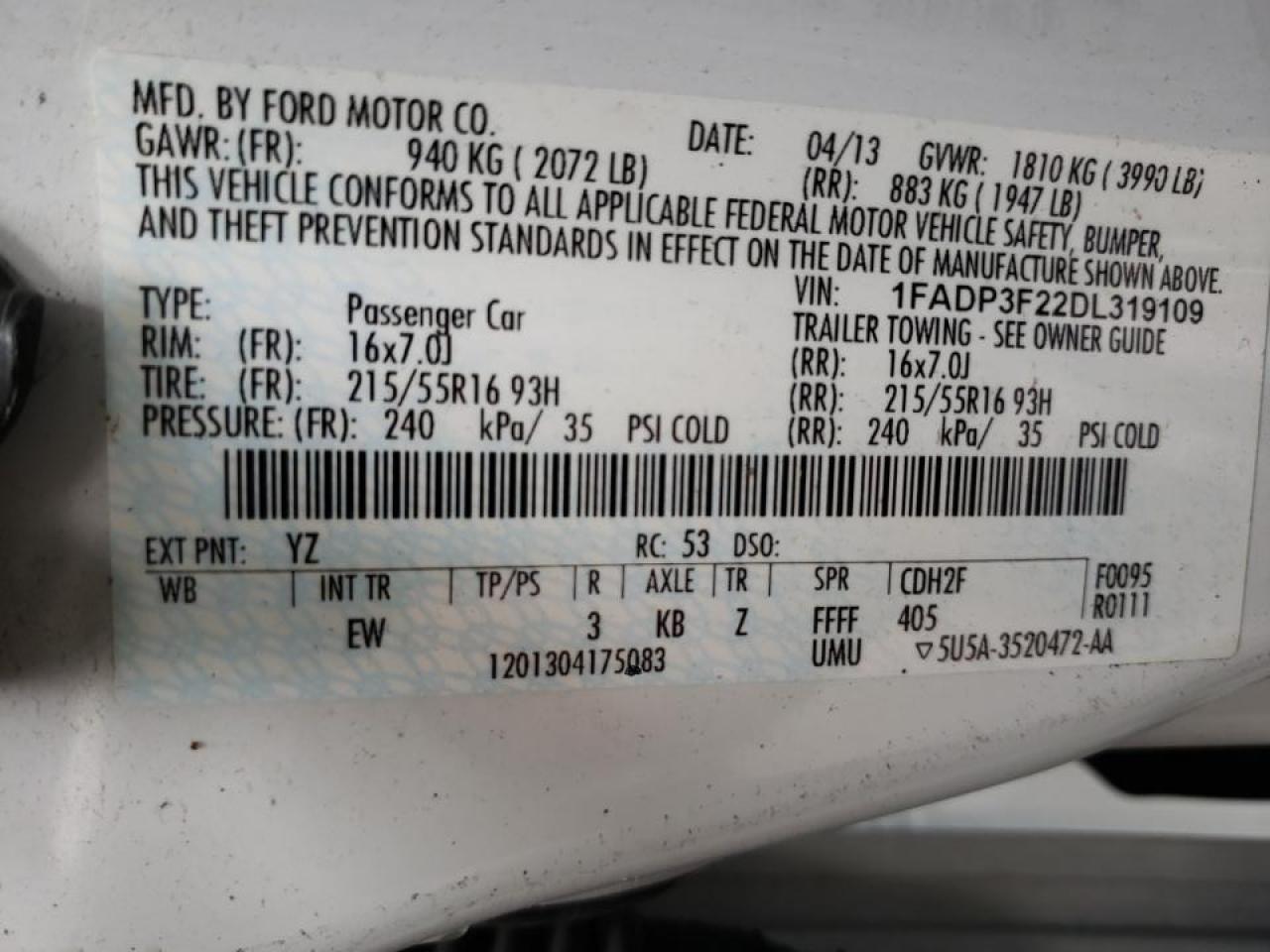 Photo 10 from auction – 2013 FORD FOCUS SE with VIN 1FADP3F22DL319109