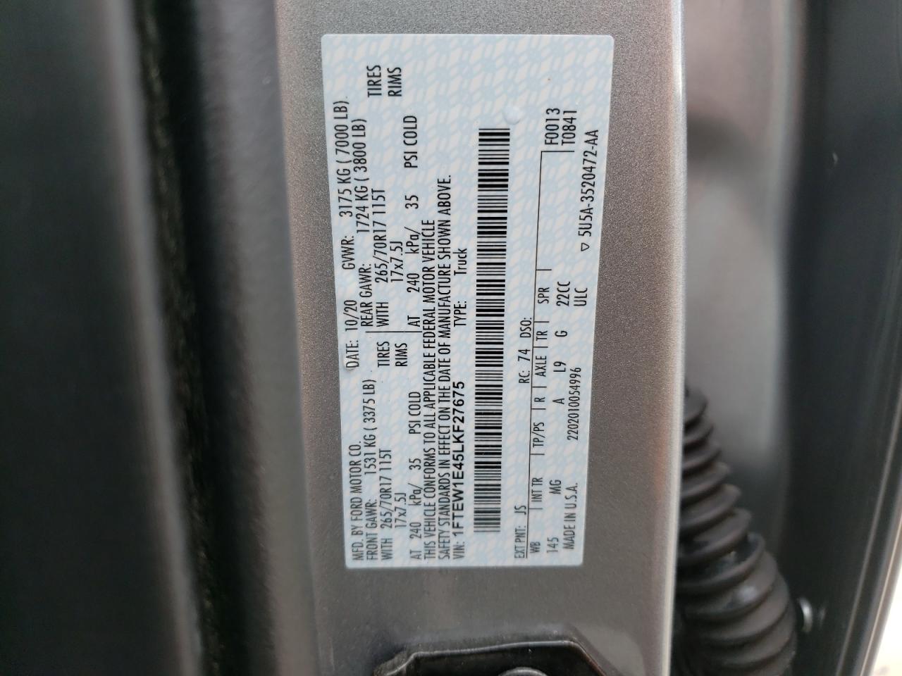 Photo 10 from auction – 2020 FORD F150 SUPER with VIN 1FTEW1E45LKF27675