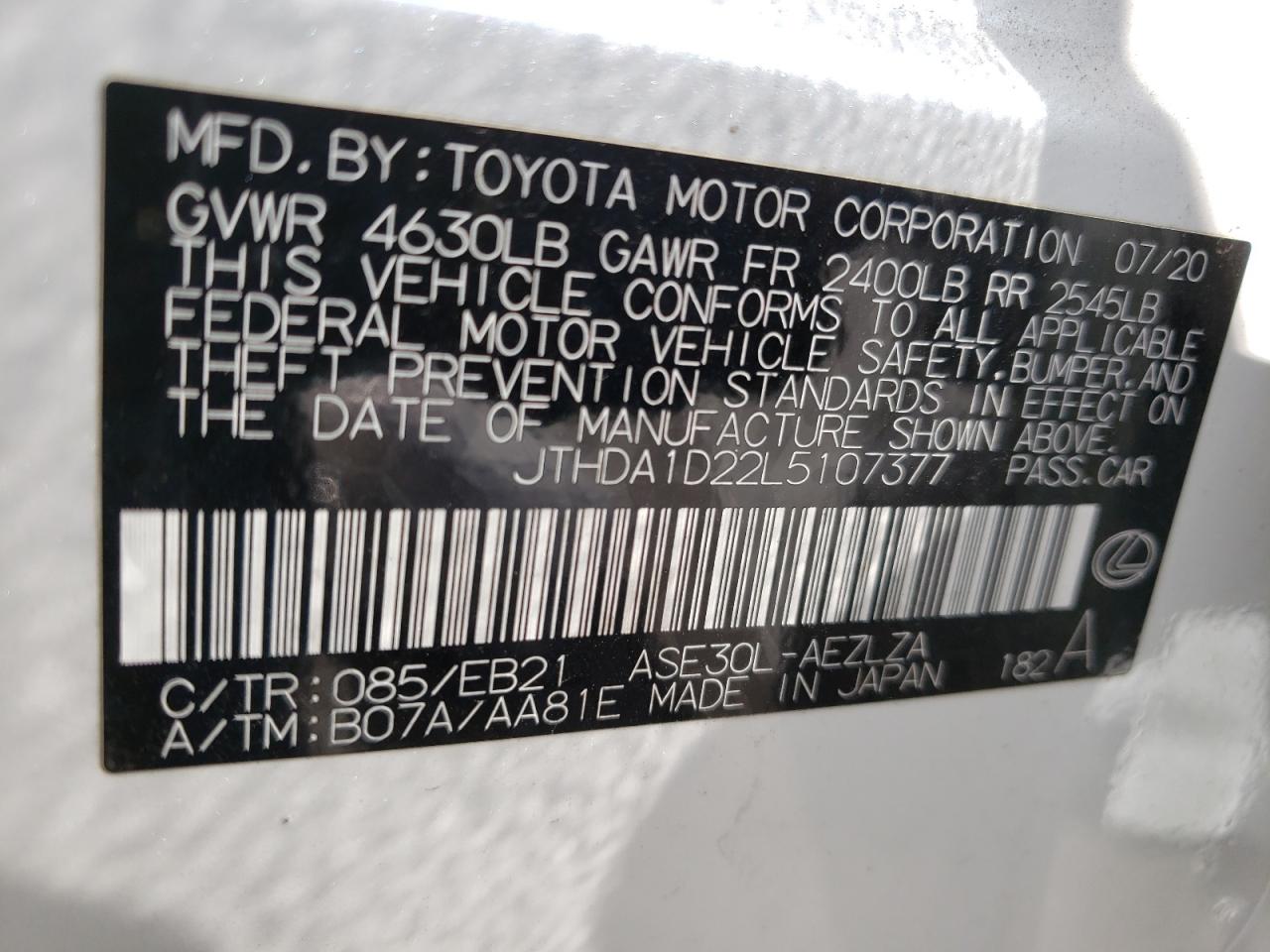Photo 10 from auction – 2020 LEXUS IS 300 PRE with VIN JTHDA1D22L5107377