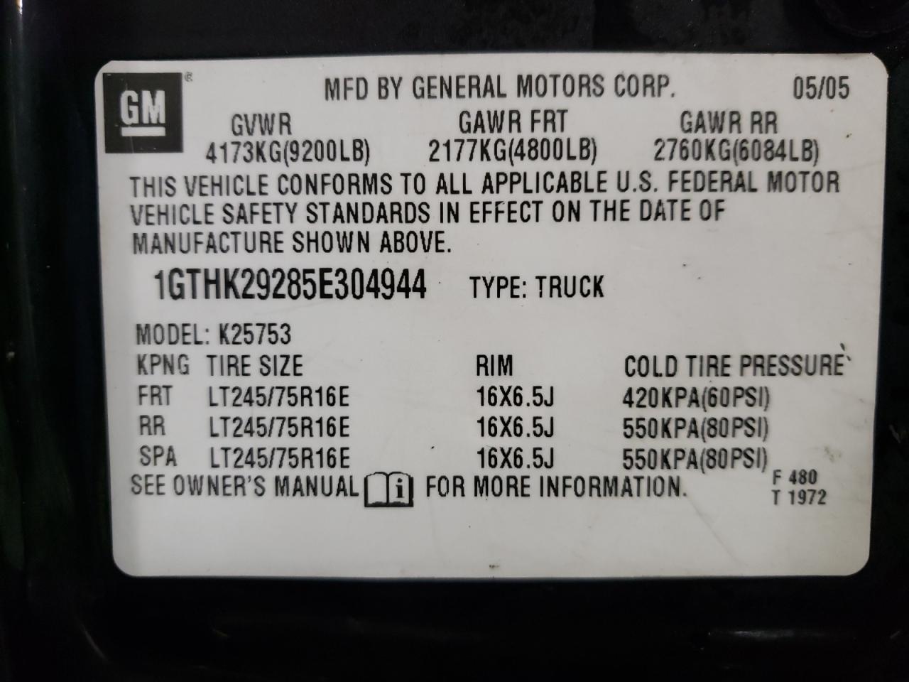 Photo 10 from auction – 2005 GMC SIERRA K25 with VIN 1GTHK29285E304944