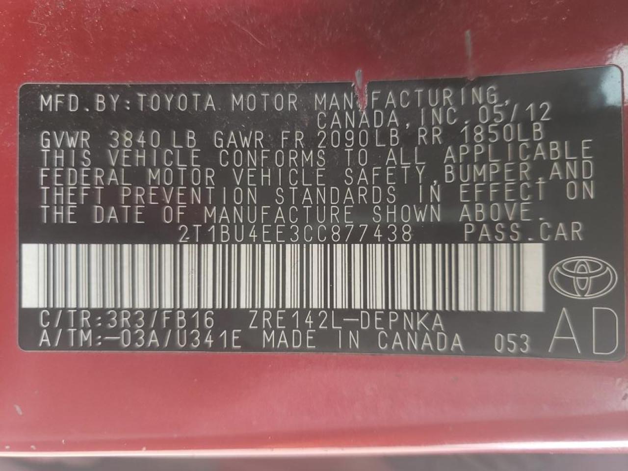 Photo 10 from auction – 2012 TOYOTA COROLLA BA with VIN 2T1BU4EE3CC877438
