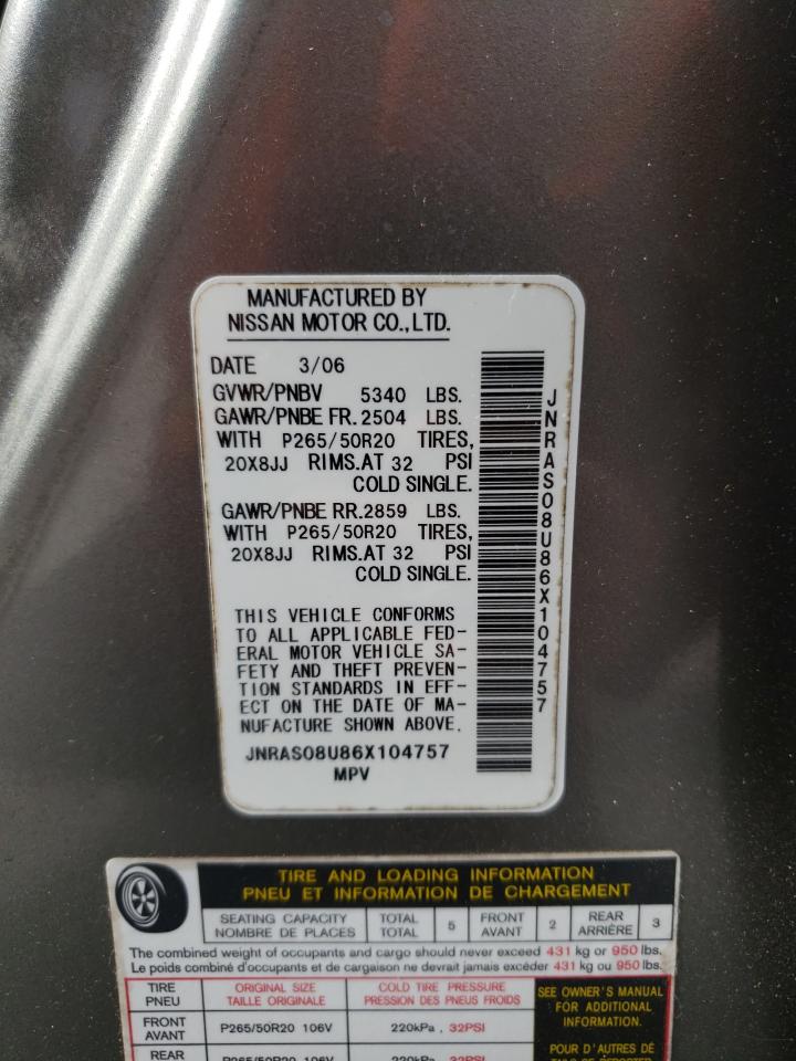 Photo 10 from auction – 2006 INFINITI FX35 with VIN JNRAS08U86X104757