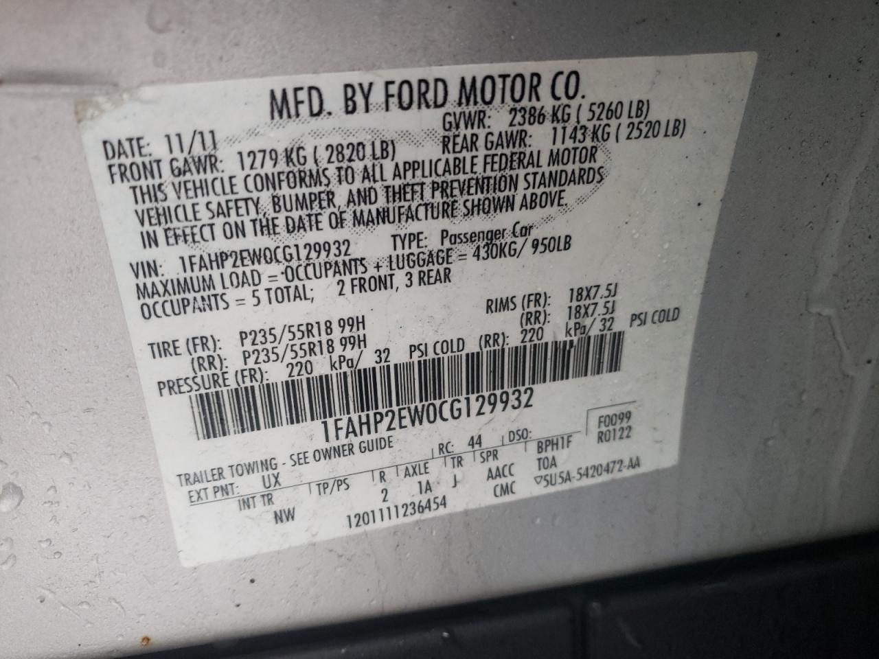Photo 10 from auction – 2012 FORD TAURUS SEL with VIN 1FAHP2EW0CG129932