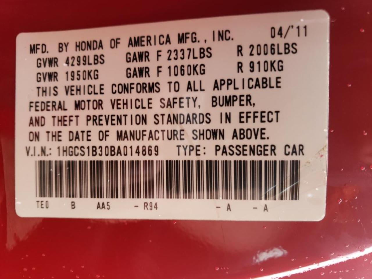 Photo 10 from auction – 2011 HONDA ACCORD LX- with VIN 1HGCS1B30BA014869