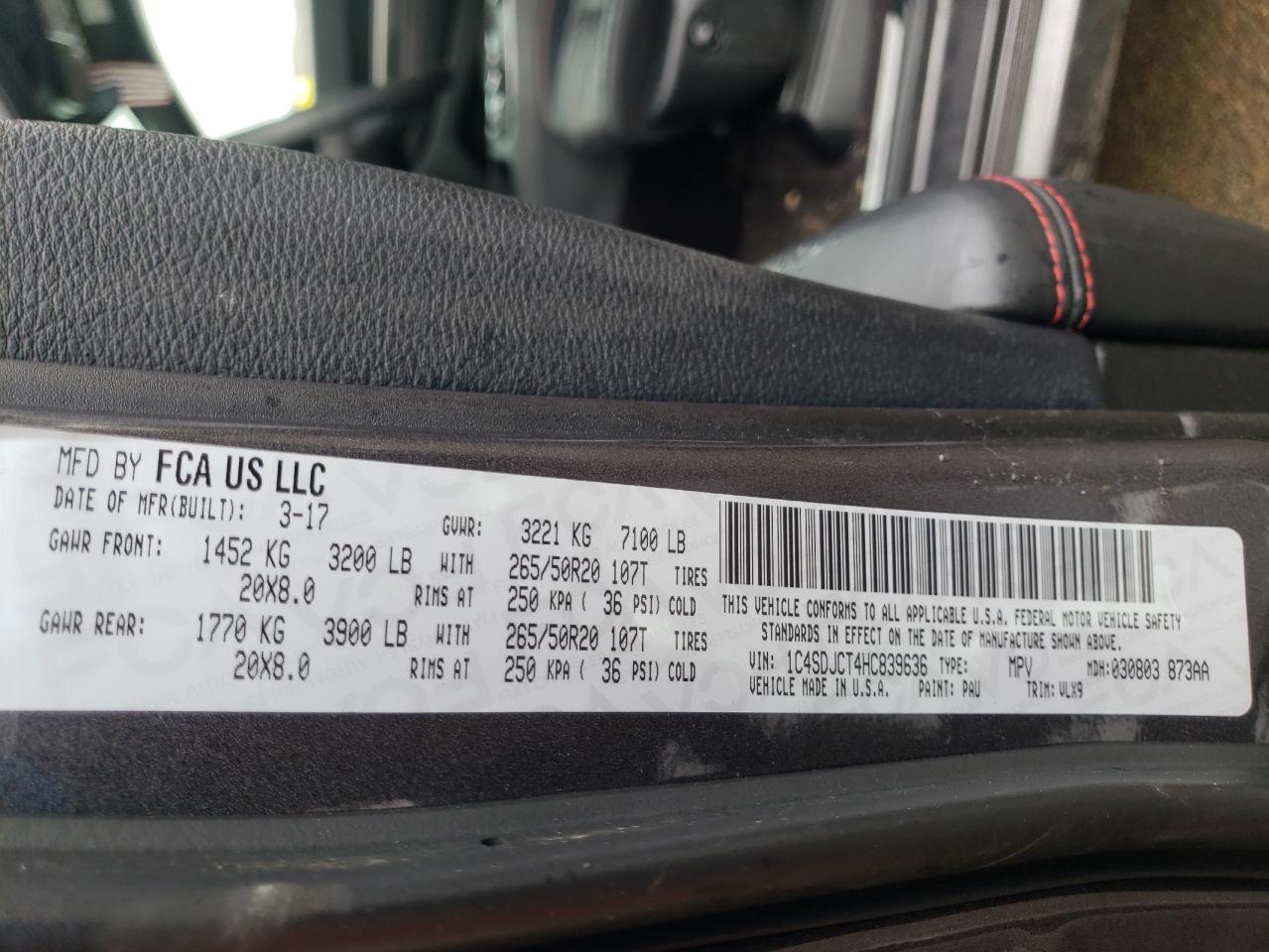 Photo 10 from auction – 2017 DODGE DURANGO R/ with VIN 1C4SDJCT4HC839636