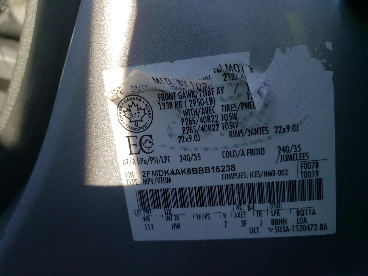 Photo 10 from auction – 2011 FORD EDGE SPORT with VIN 2FMDK4AK8BBB16238