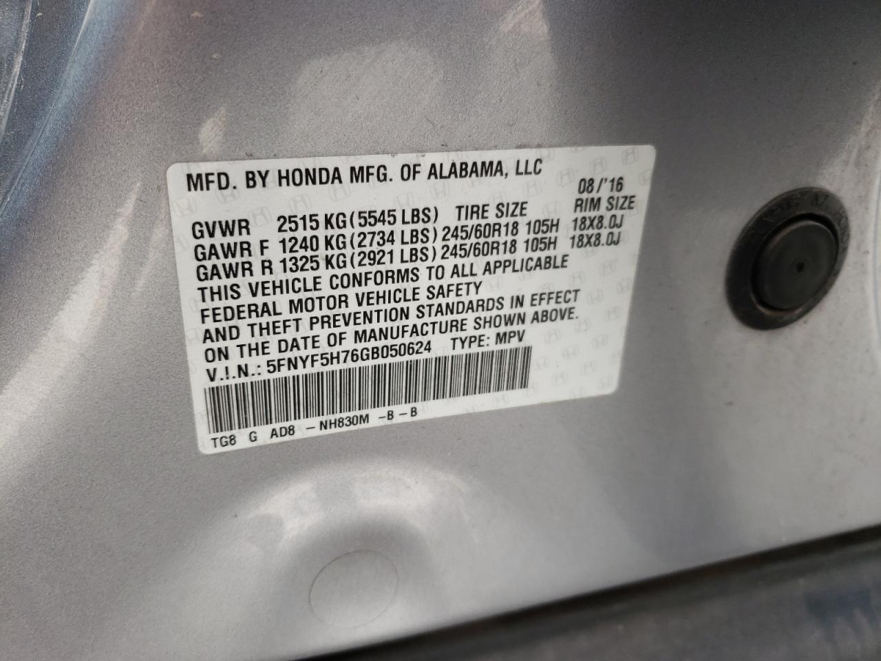 Photo 10 from auction – 2016 HONDA PILOT EXLN with VIN 5FNYF5H76GB050624