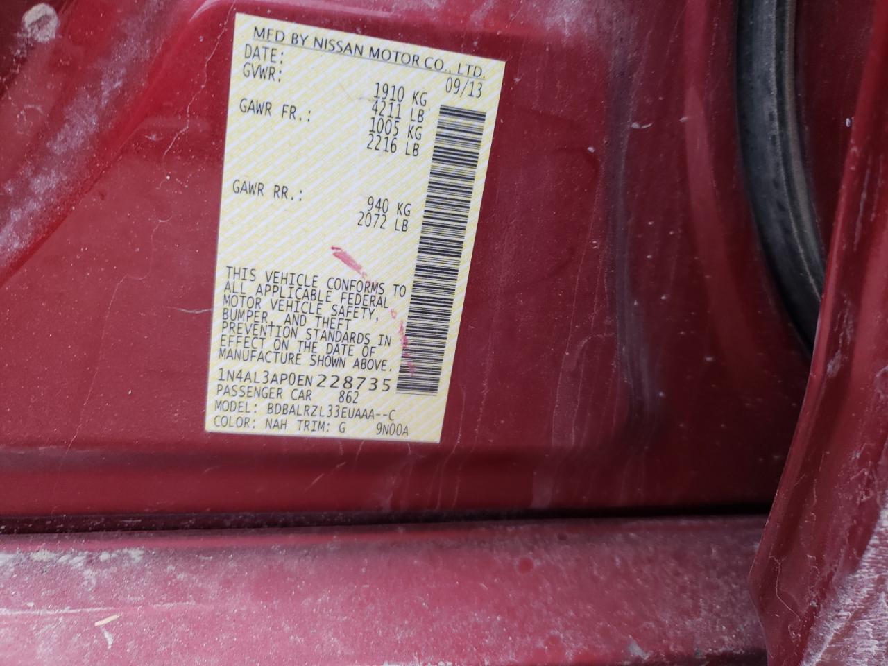 Photo 10 from auction – 2014 NISSAN ALTIMA 2.5 with VIN 1N4AL3AP0EN228735