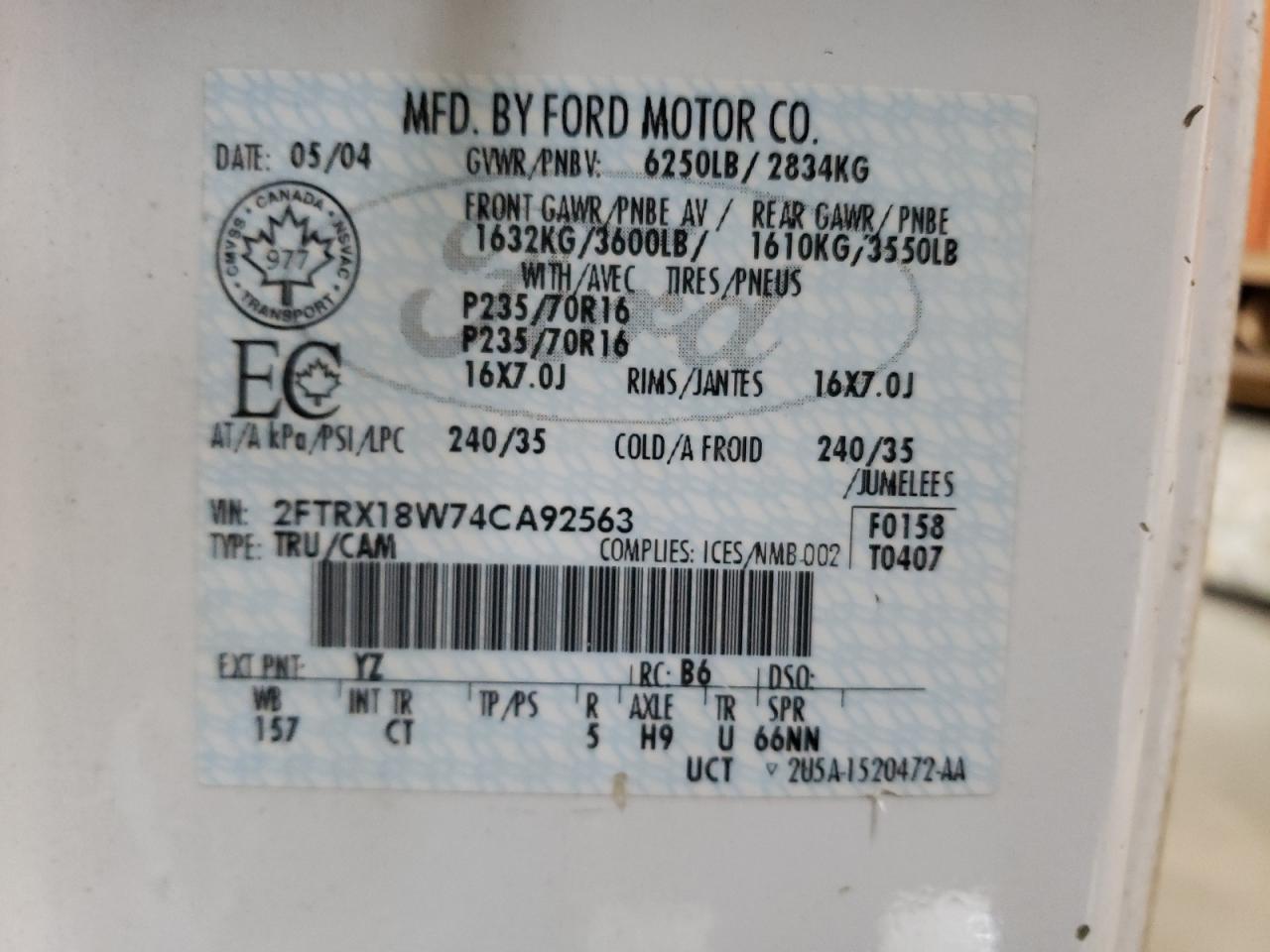 Photo 10 from auction – 2004 FORD F-150 HERI with VIN 2FTRX18W74CA92563