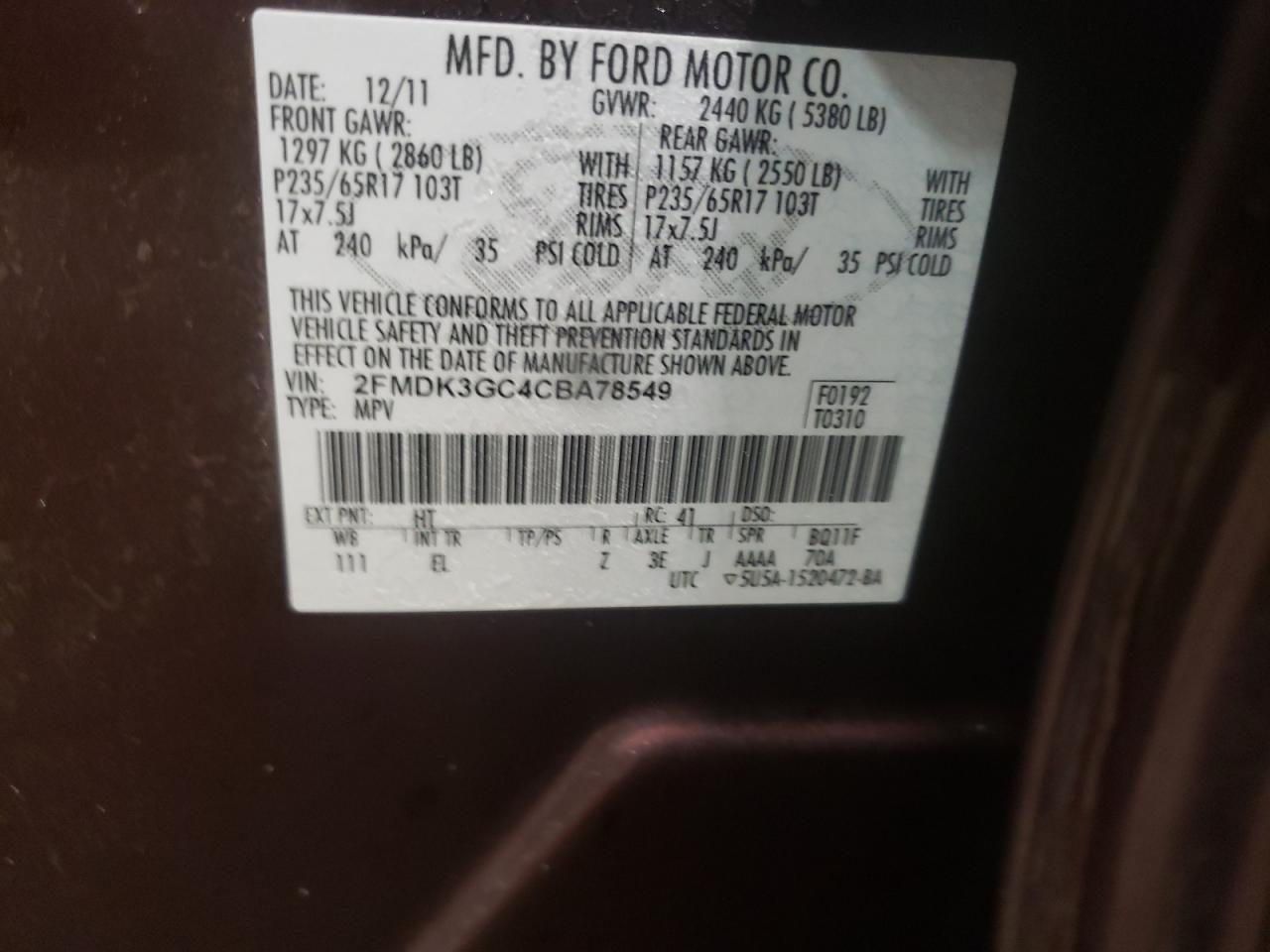 Photo 10 from auction – 2012 FORD EDGE SE with VIN 2FMDK3GC4CBA78549
