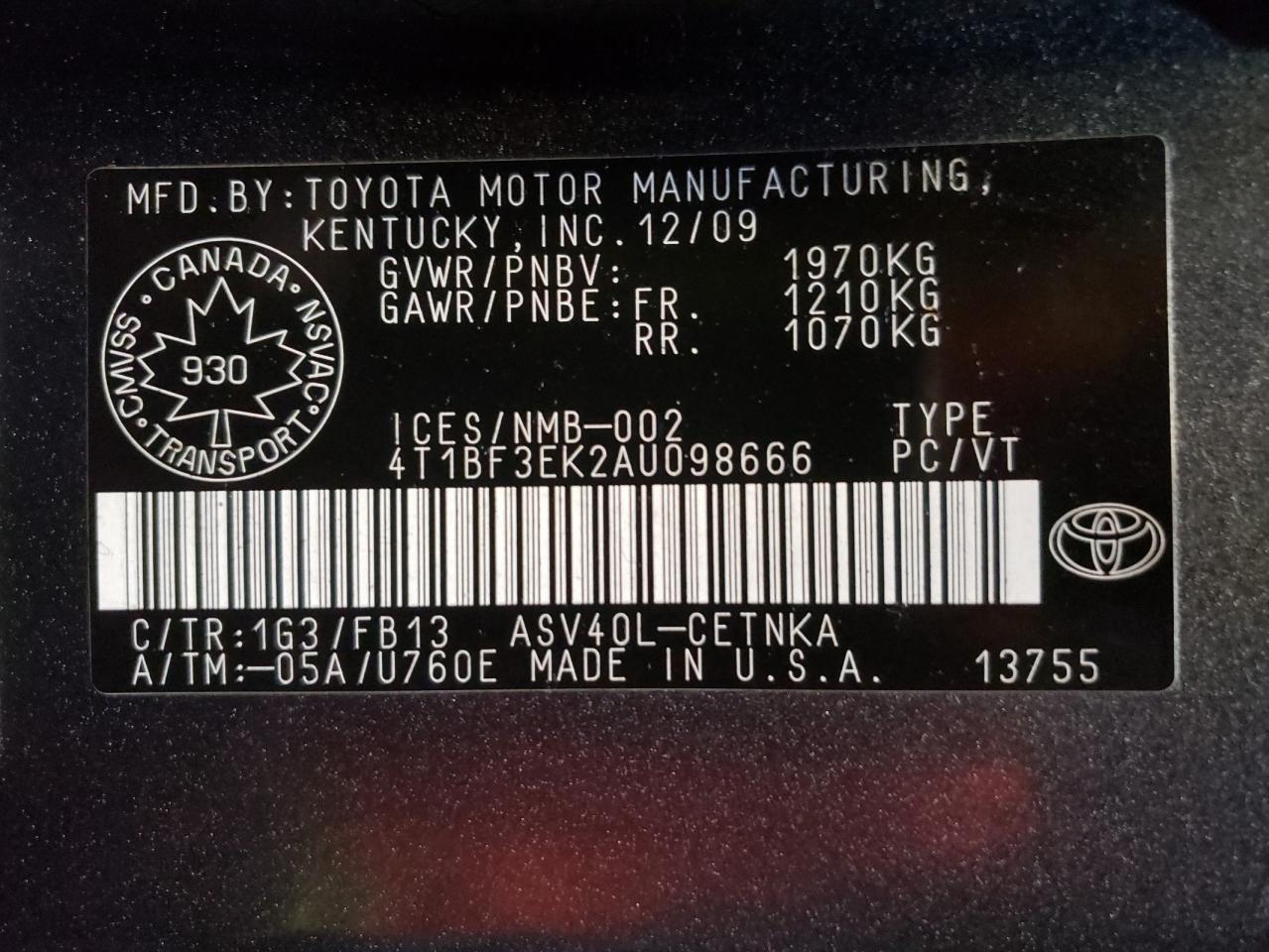Photo 10 from auction – 2010 TOYOTA CAMRY BASE with VIN 4T1BF3EK2AU098666