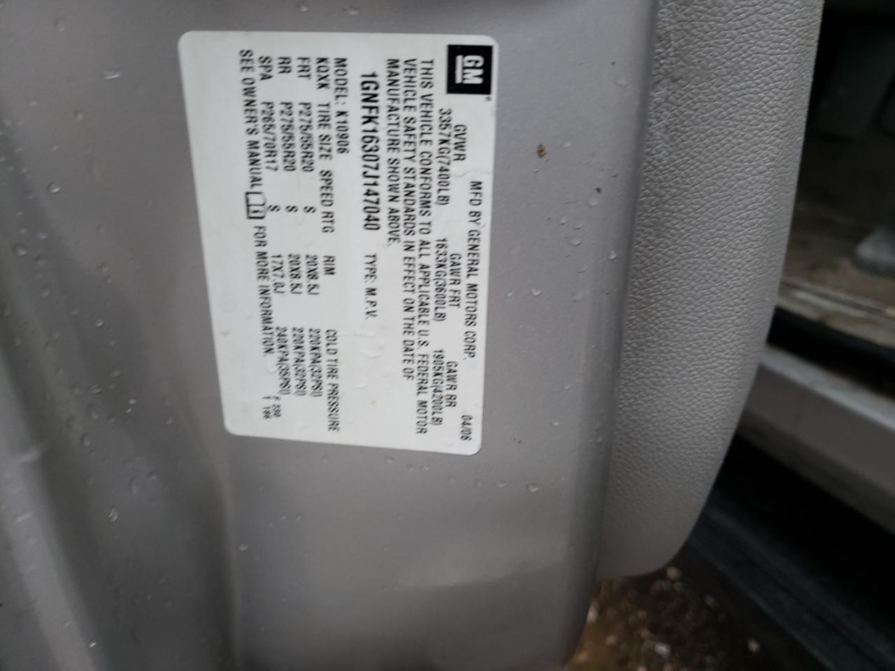 Photo 10 from auction – 2007 CHEVROLET SUBURBAN K with VIN 1GNFK16307J147040