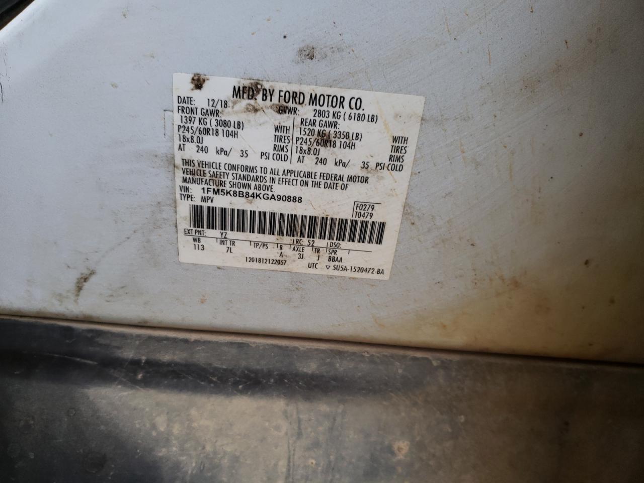 Photo 10 from auction – 2019 FORD EXPLORER with VIN 1FM5K8B84KGA90888