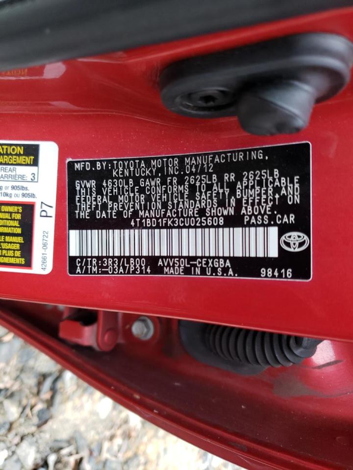 Photo 10 from auction – 2012 TOYOTA CAMRY HYBR with VIN 4T1BD1FK3CU025608