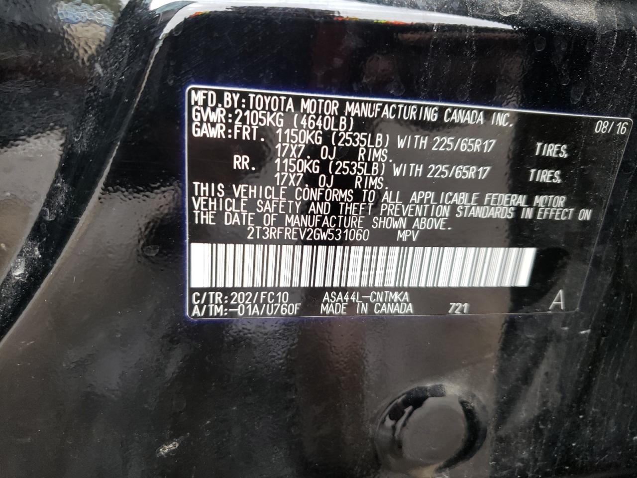 Photo 10 from auction – 2016 TOYOTA RAV4 XLE with VIN 2T3RFREV2GW531060