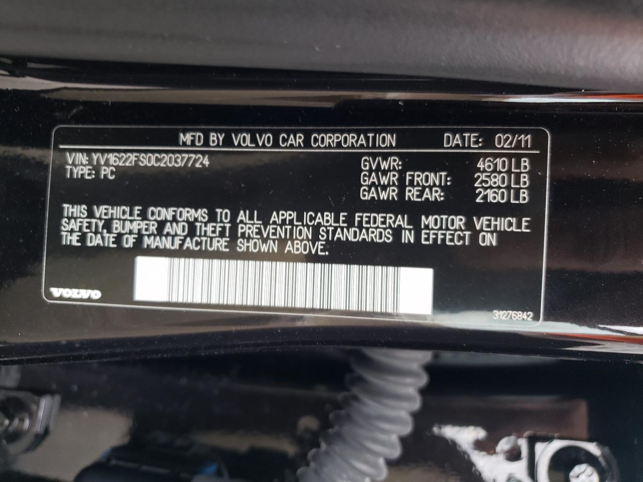 Photo 10 from auction – 2012 VOLVO S60 T5 with VIN YV1622FS0C2037724