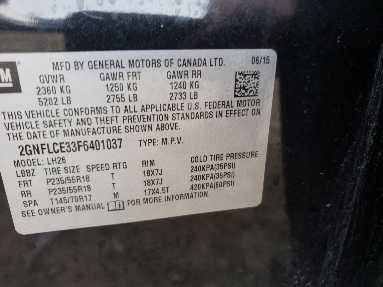 Photo 10 from auction – 2015 CHEVROLET EQUINOX LT with VIN 2GNFLCE33F6401037