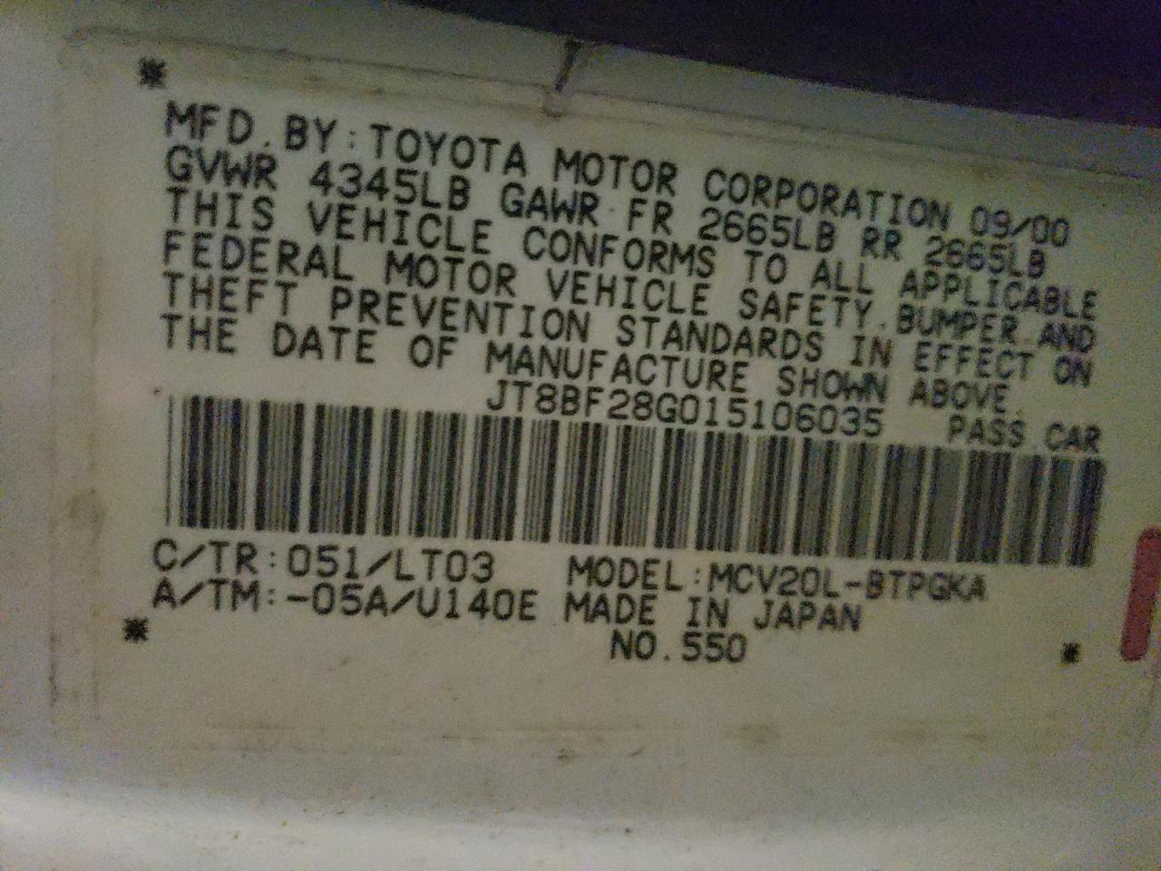 Photo 10 from auction – 2001 LEXUS ES 300 with VIN JT8BF28G015106035