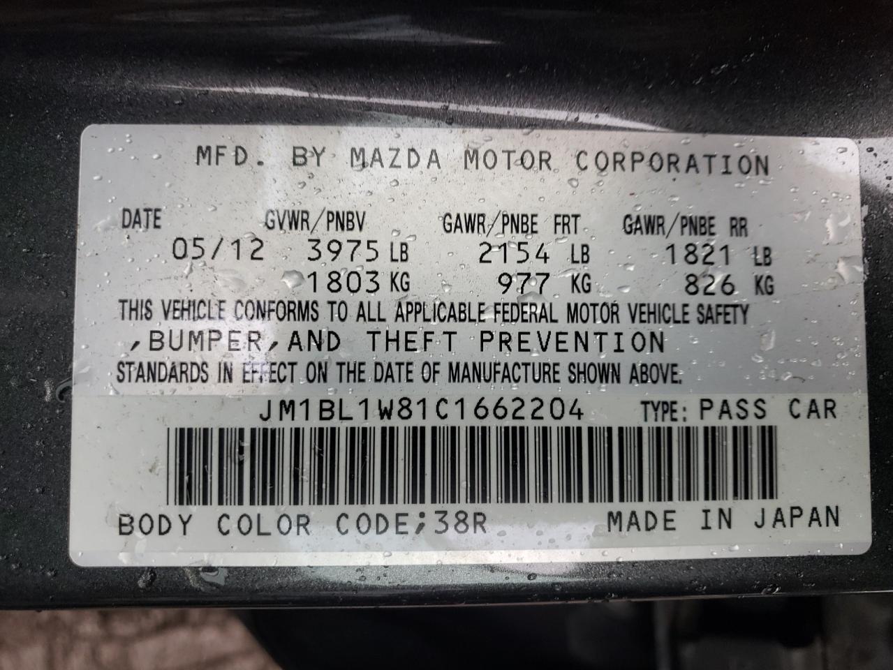 Photo 10 from auction – 2012 MAZDA 3 I with VIN JM1BL1W81C1662204