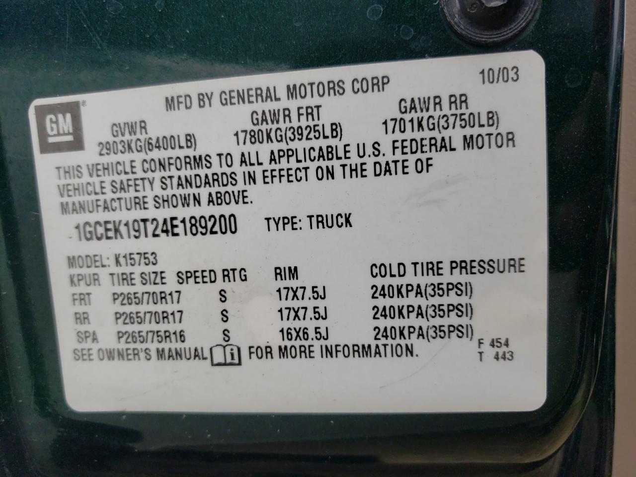 Photo 10 from auction – 2004 CHEVROLET SILVERADO with VIN 1GCEK19T24E189200