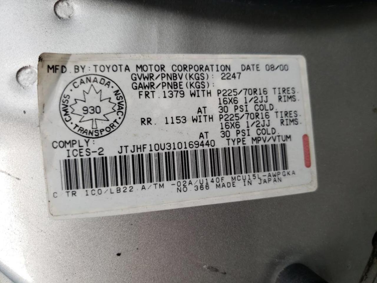 Photo 10 from auction – 2001 LEXUS RX 300 with VIN JTJHF10U310169440