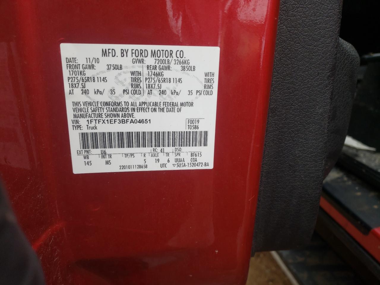 Photo 10 from auction – 2011 FORD F150 SUPER with VIN 1FTFX1EF3BFA04651