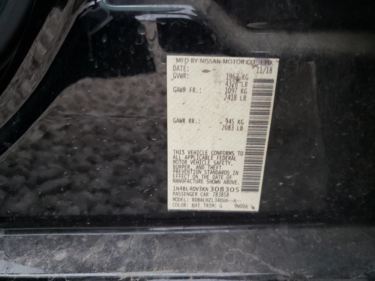 Photo 10 from auction – 2019 NISSAN ALTIMA SV with VIN 1N4BL4DV3KN308305