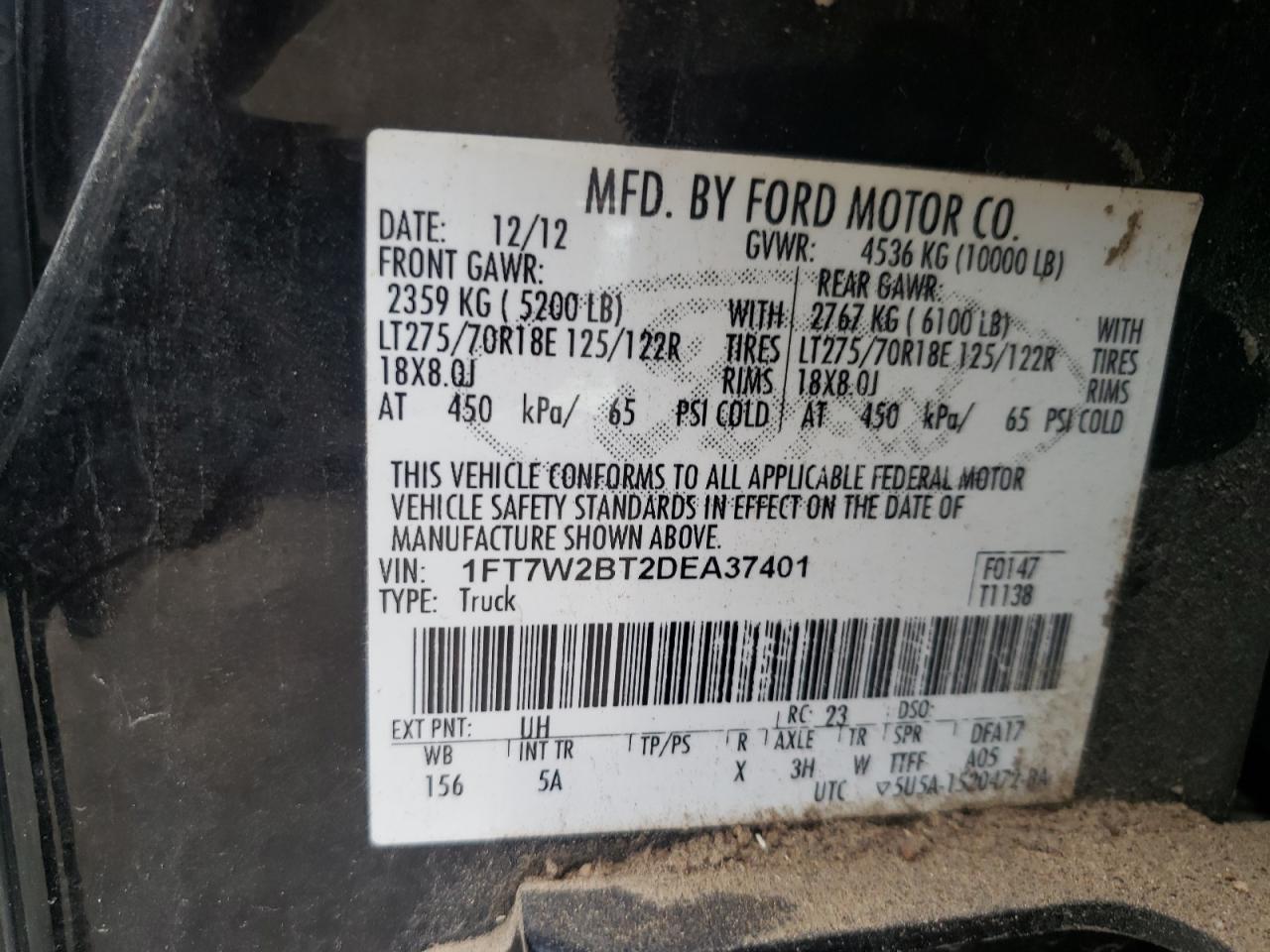 Photo 10 from auction – 2013 FORD F250 SUPER with VIN 1FT7W2BT2DEA37401