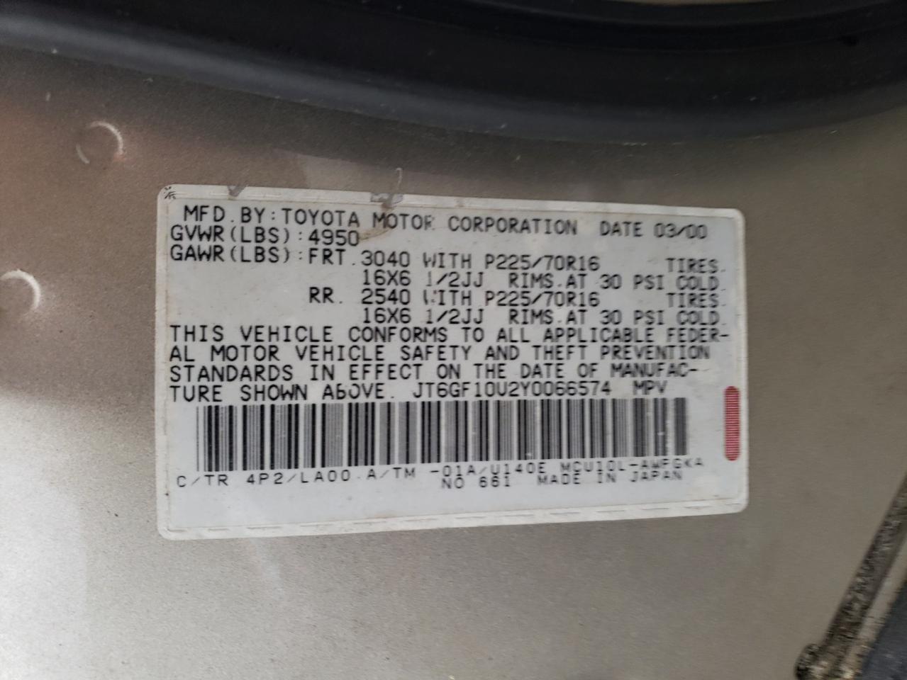 Photo 10 from auction – 2000 LEXUS RX 300 with VIN JT6GF10U2Y0066574