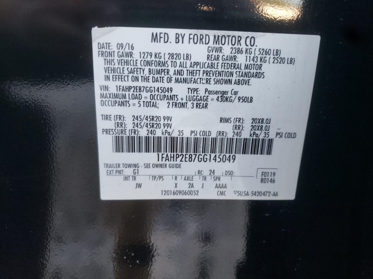 Photo 10 from auction – 2016 FORD TAURUS SEL with VIN 1FAHP2E87GG145049
