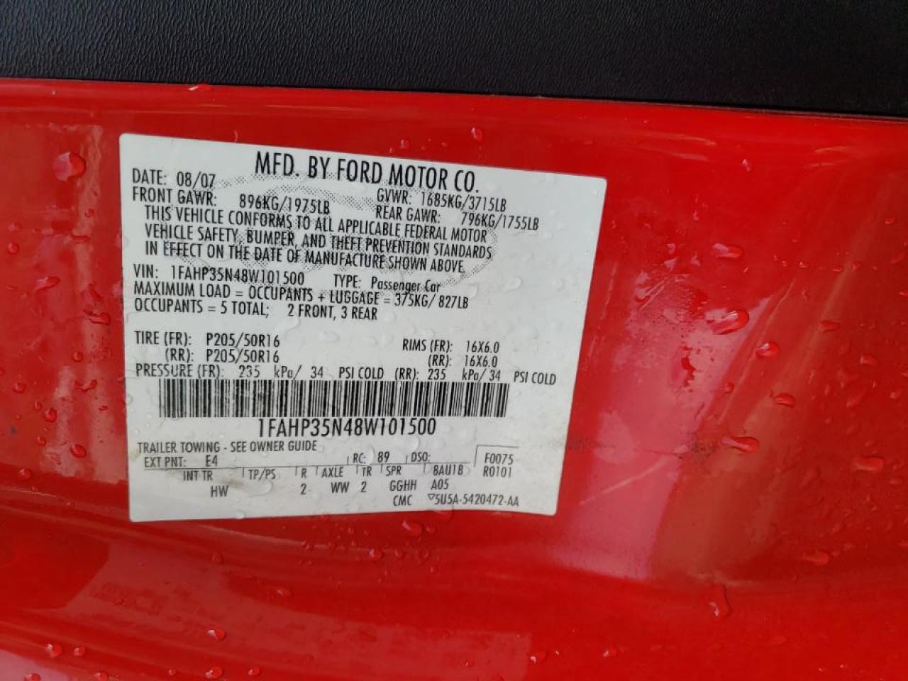 Photo 10 from auction – 2008 FORD FOCUS SE with VIN 1FAHP35N48W101500