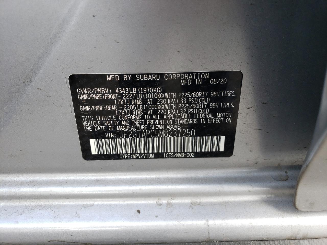 Photo 10 from auction – 2021 SUBARU CROSSTREK with VIN JF2GTAPC5M8237250