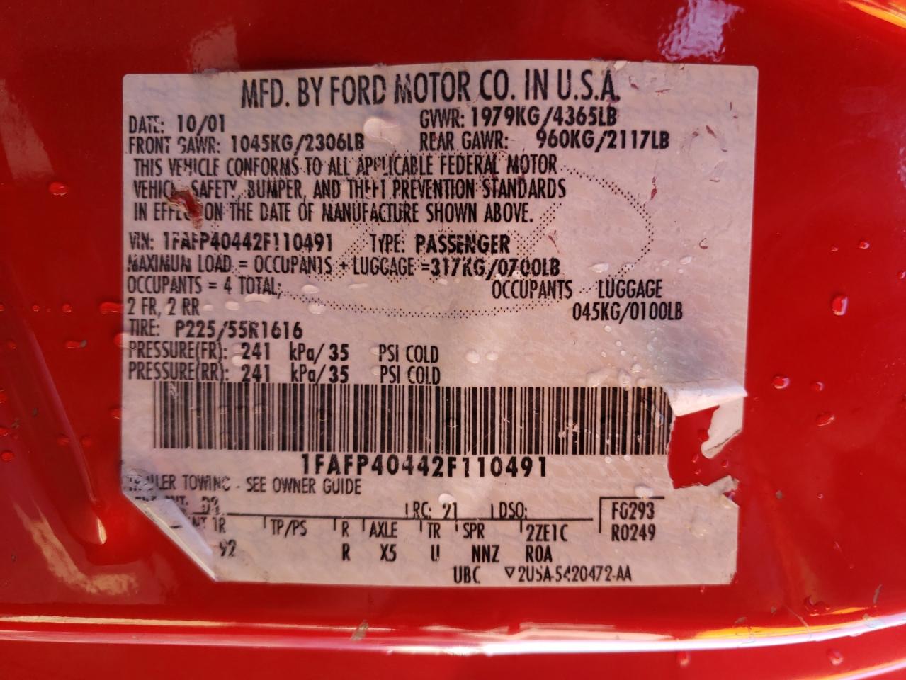Photo 10 from auction – 2002 FORD MUSTANG with VIN 1FAFP40442F110491