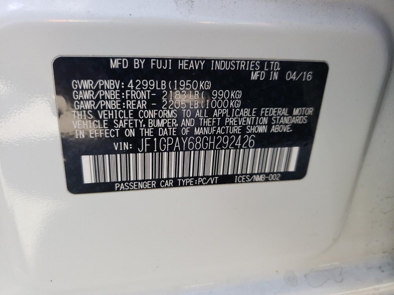 Photo 10 from auction – 2016 SUBARU IMPREZA SP with VIN JF1GPAY68GH292426