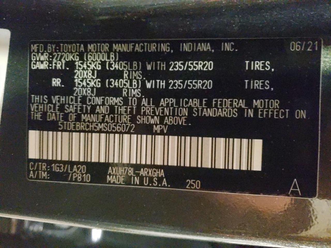 Photo 10 from auction – 2021 TOYOTA HIGHLANDER with VIN 5TDEBRCH5MS056072