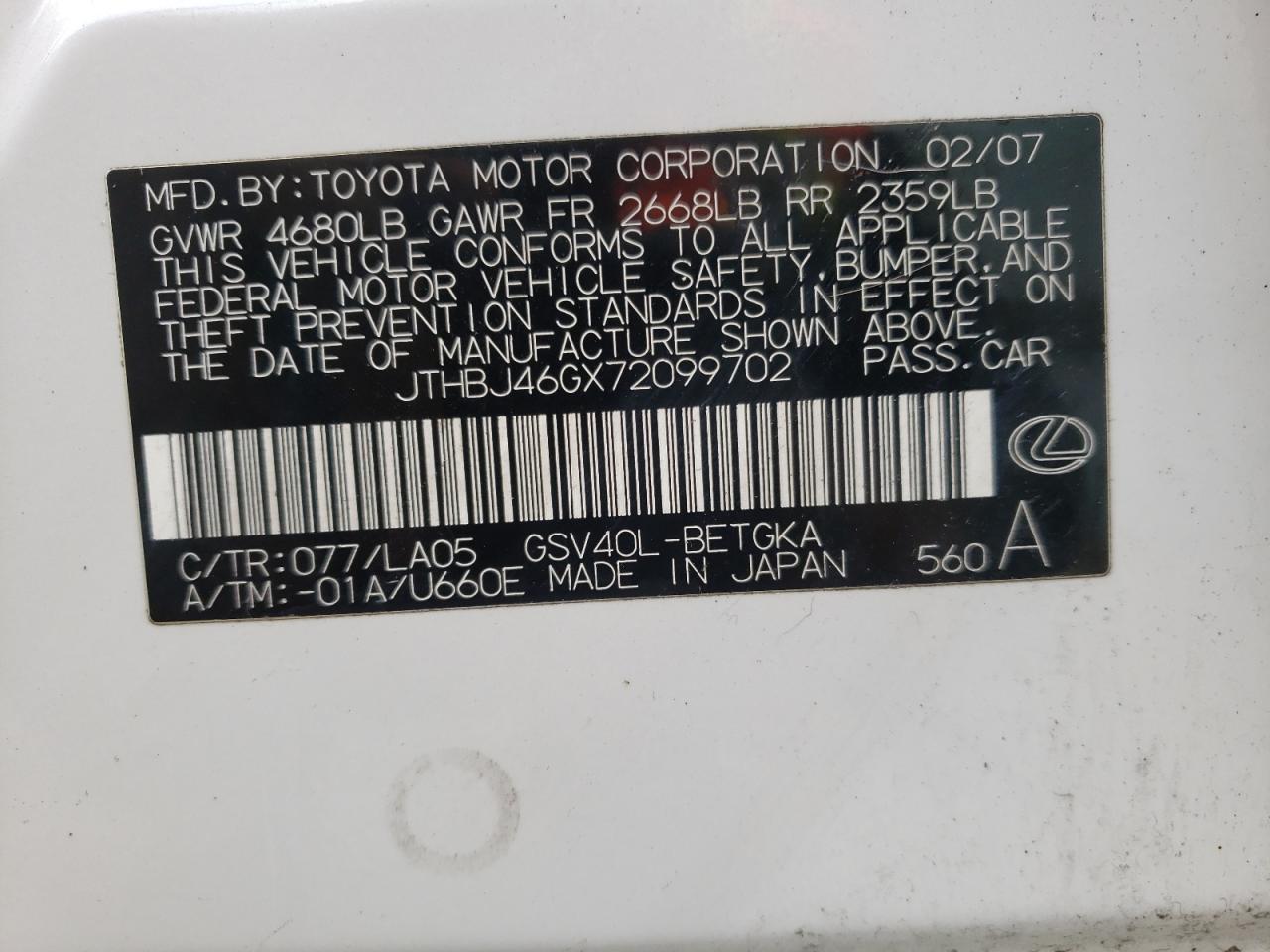 Photo 10 from auction – 2007 LEXUS ES 350 with VIN JTHBJ46GX72099702