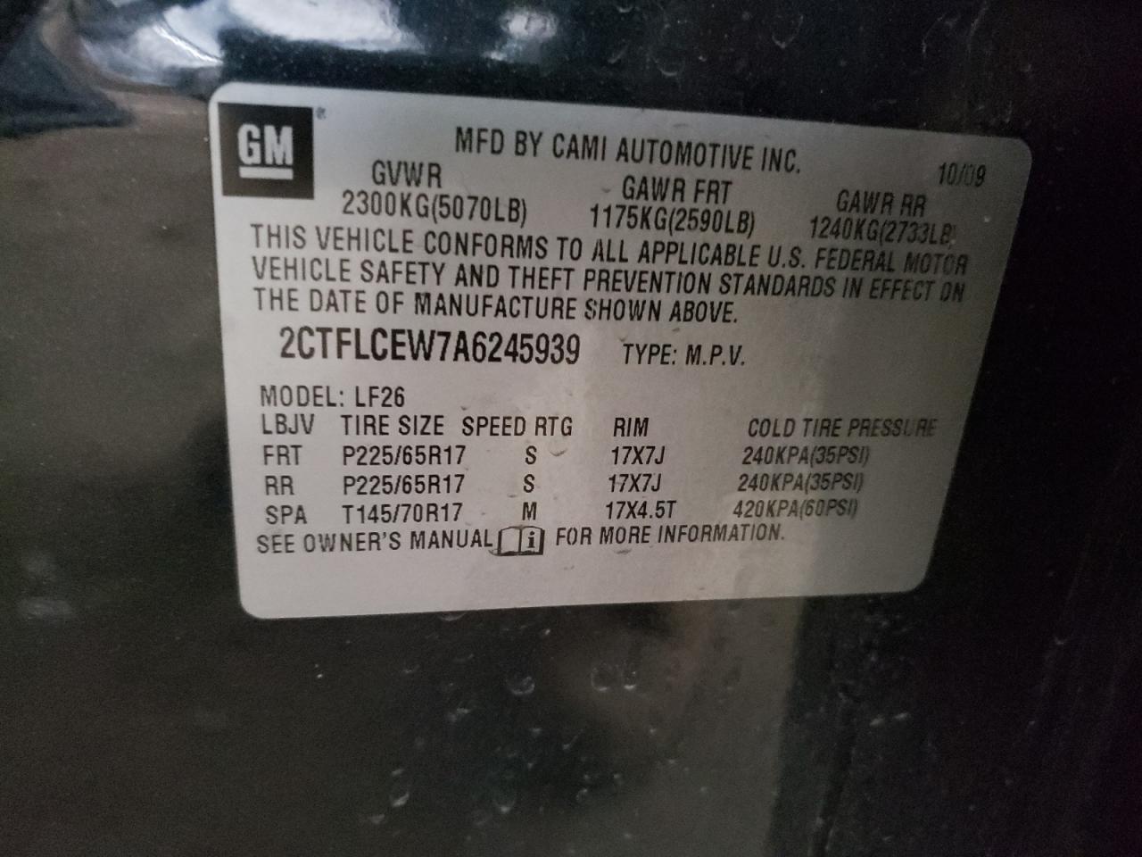 Photo 10 from auction – 2010 GMC TERRAIN SL with VIN 2CTFLCEW7A6245939