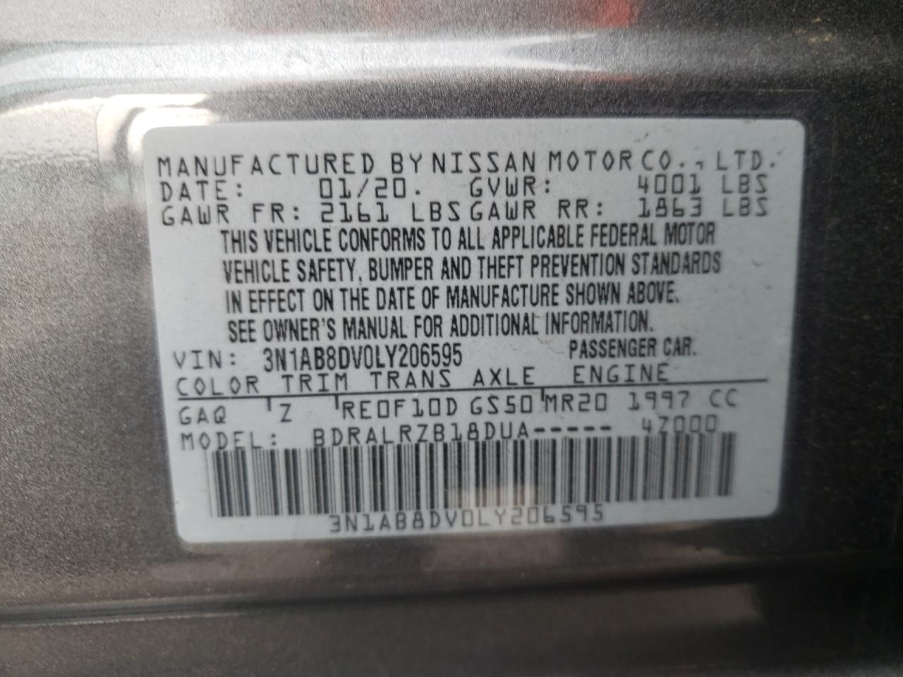 Photo 10 from auction – 2020 NISSAN SENTRA SR with VIN 3N1AB8DV0LY206595