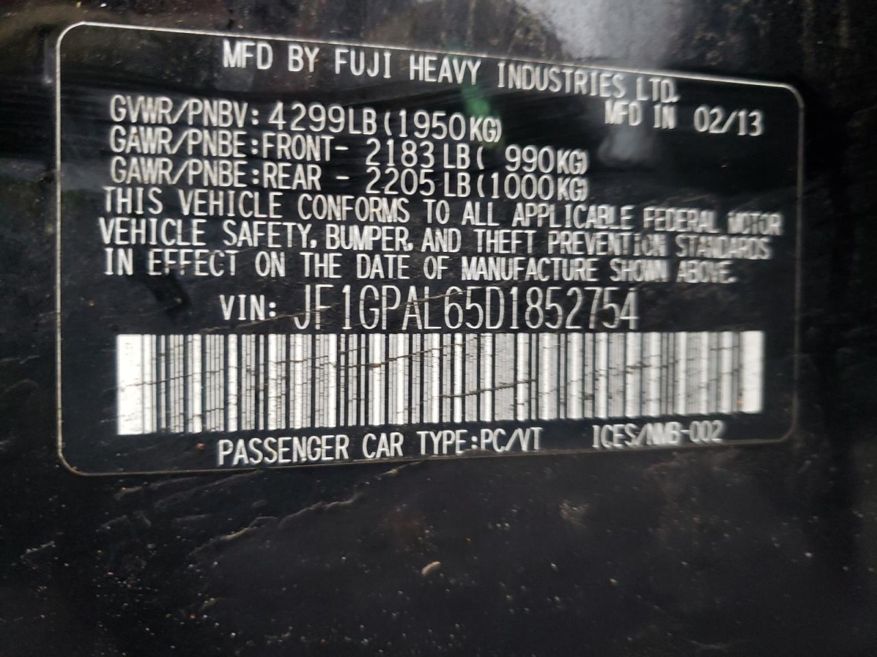 Photo 10 from auction – 2013 SUBARU IMPREZA SP with VIN JF1GPAL65D1852754