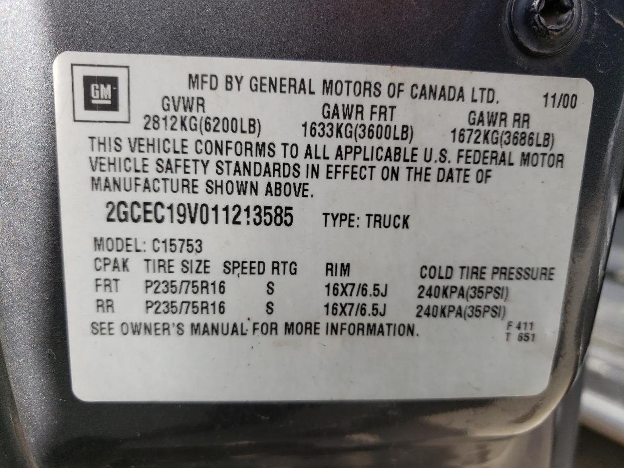 Photo 10 from auction – 2001 CHEVROLET SILVERADO with VIN 2GCEC19V011213585