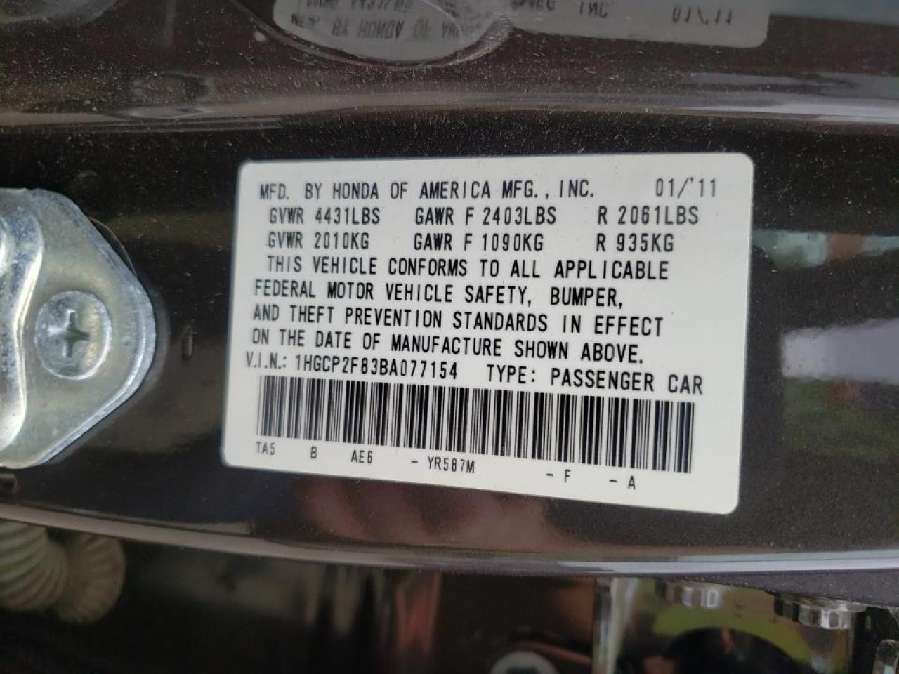 Photo 10 from auction – 2011 HONDA ACCORD EXL with VIN 1HGCP2F83BA077154