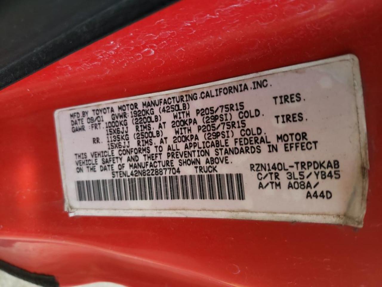 Photo 10 from auction – 2002 TOYOTA TACOMA with VIN 5TENL42N82Z887704